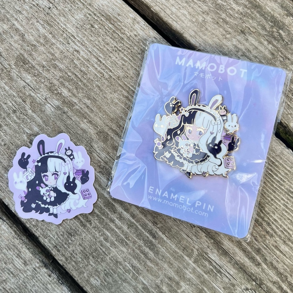 Mamobot Chibi Bunny Doll Enamel Pin and Sticker Set